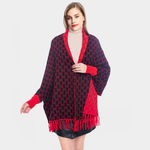 Black Red Print Shawl Fringe Poncho Scarf Sweater Open Front Cape Womens Wrap - Picture 1 of 4